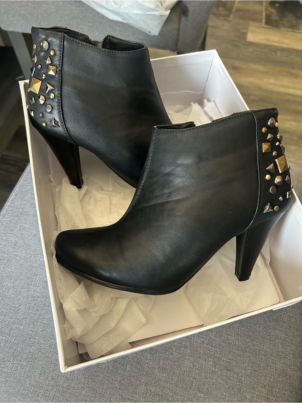 Monroe & Main Black Ankle Booties with Gold Stud and silver Detailing